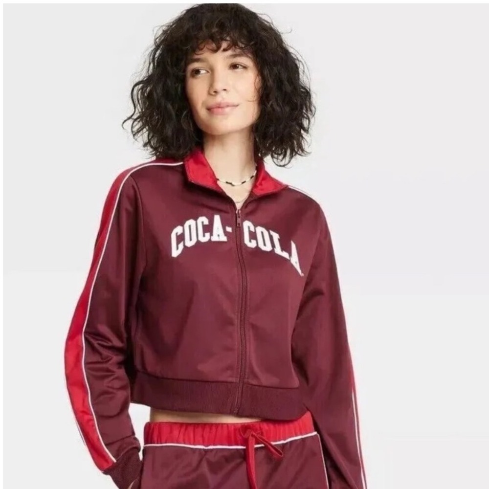 Coca-Cola Women XL Burgundy Red Cropped Track Jacket Sporty Y2K Retro Streetwear